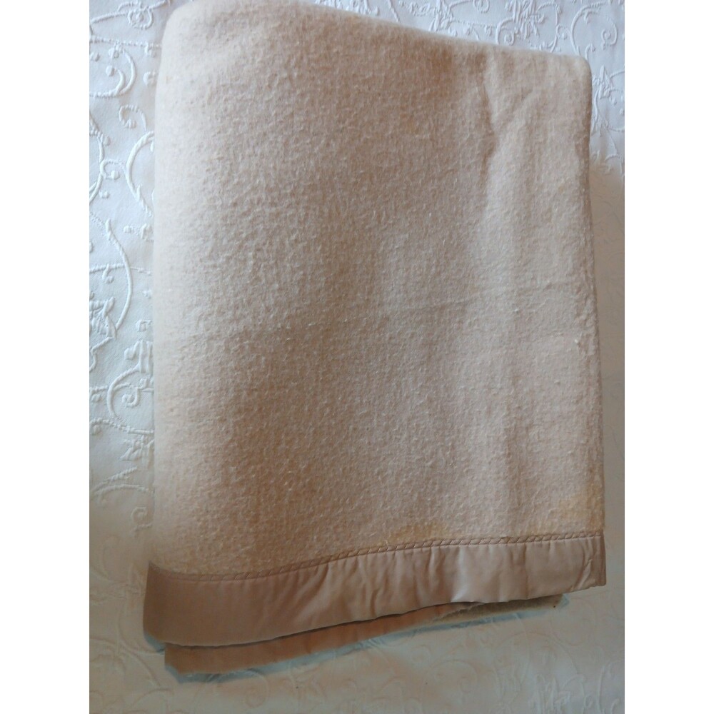 Vintage Acrylic Satin Trim Tan Blanket 70" X 88"